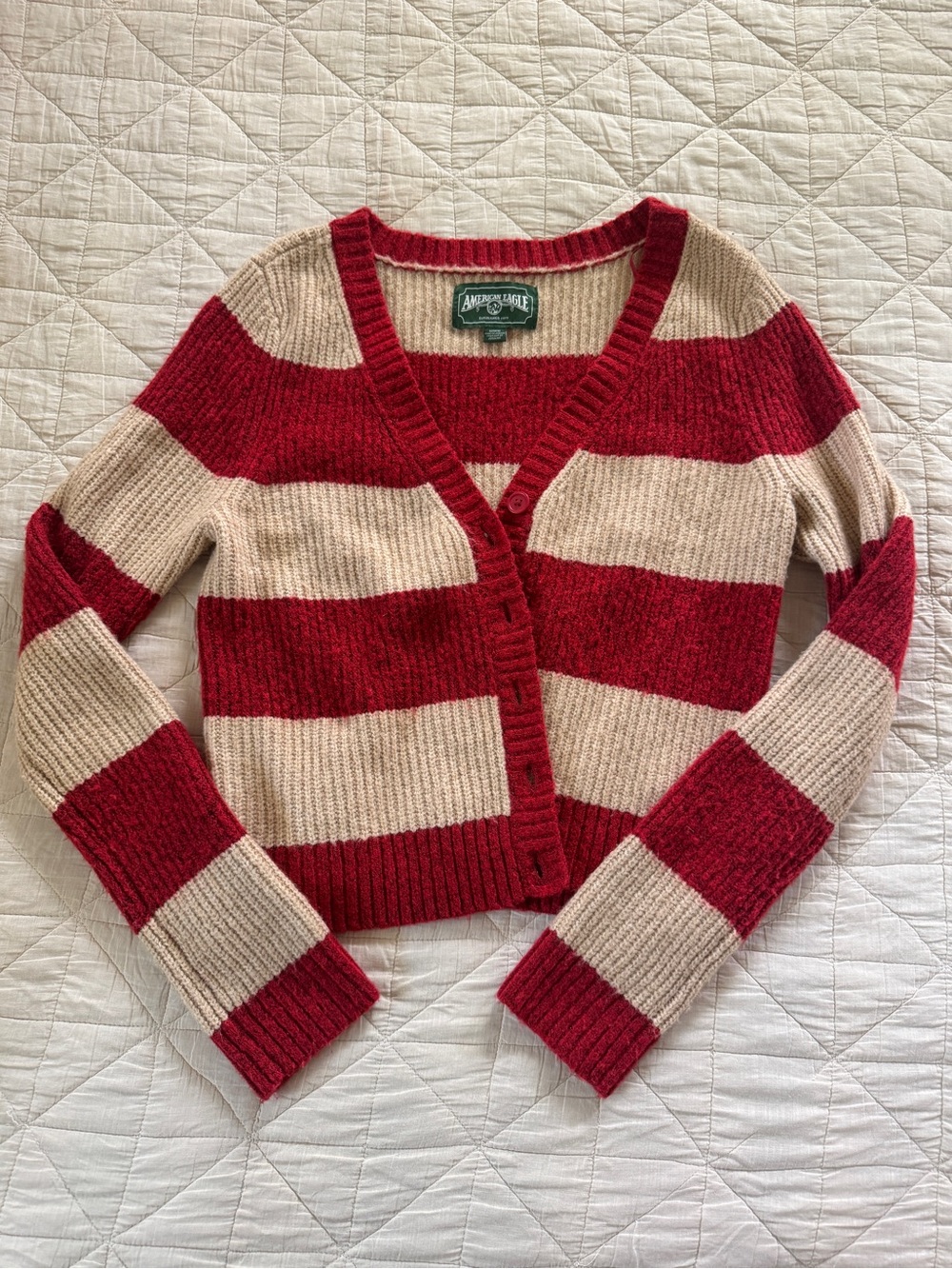 American Eagle Outfitters Red and Cream Striped V‑Neck Cardigan